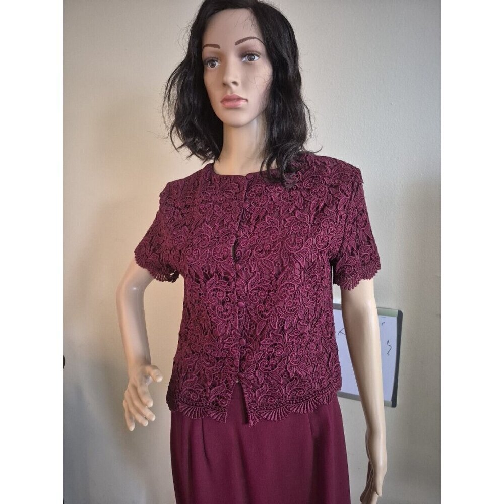 Talbots Women's Size 10  2-Piece Set Burgundy Lacey Blouse And Wool Skirt Set